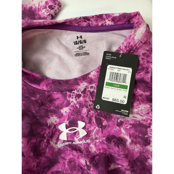 UNDER ARMOUR RIVAL TERRY PRINT CREWNECK LONG SLEEVE SHIRT Women Pink/White Large - Picture 8 of 8
